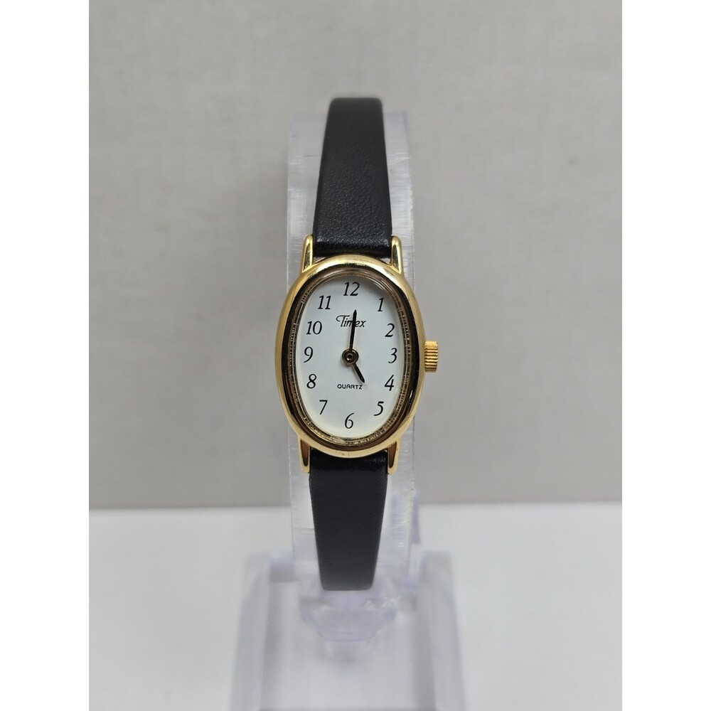 Vintage Timex Cavatina Womens Oval Gold Tone Watch Black Band New Battery